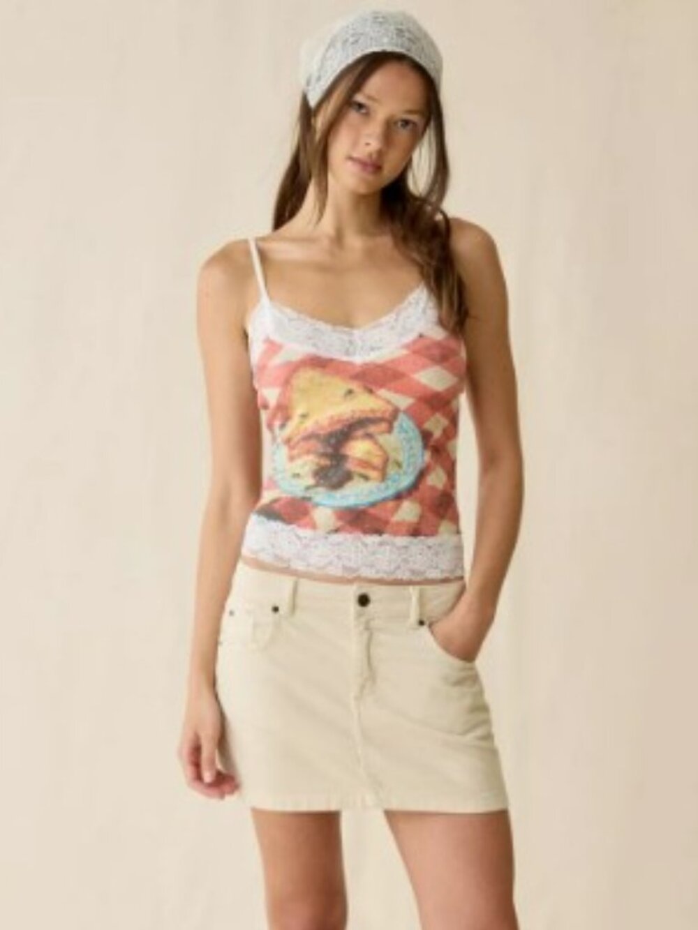 (UO-42) Urban Outfitters Kimchi Blue Picnic Graphic Lace Trim Cami